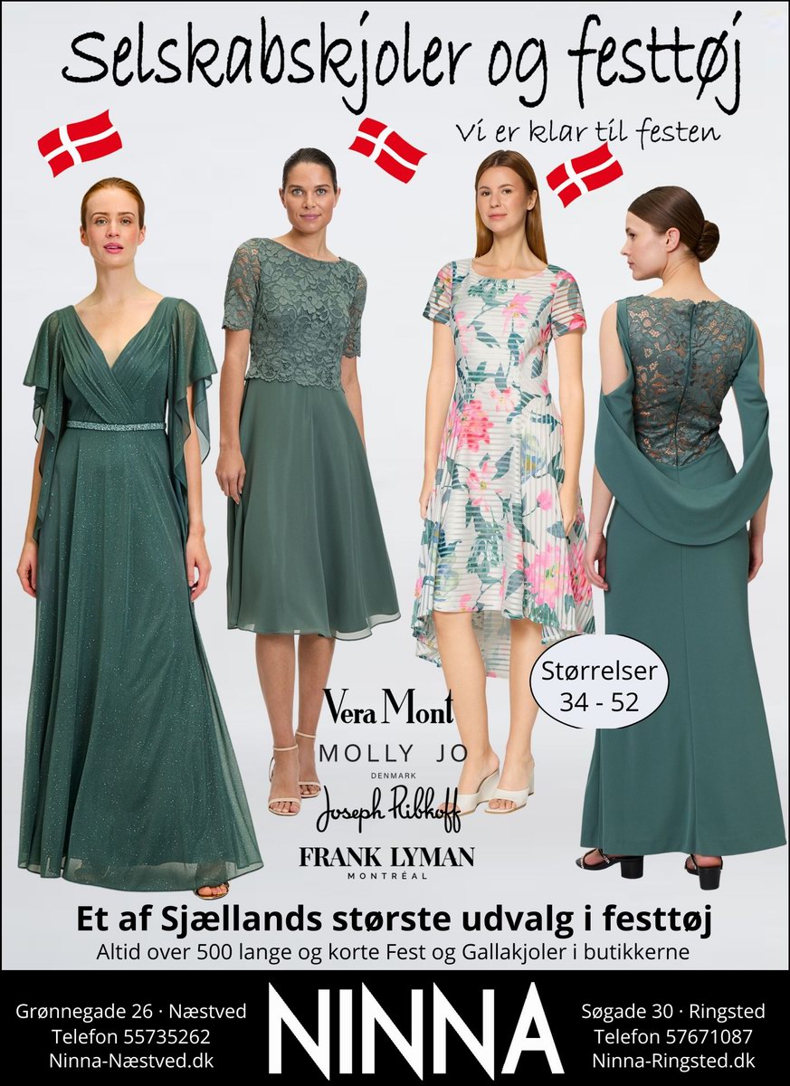 Oplev det store udvalg af festtøj hos NINNA i Næstved.  Lange og korte kjoler og andet festtøj til forårets og sommerens mange fester