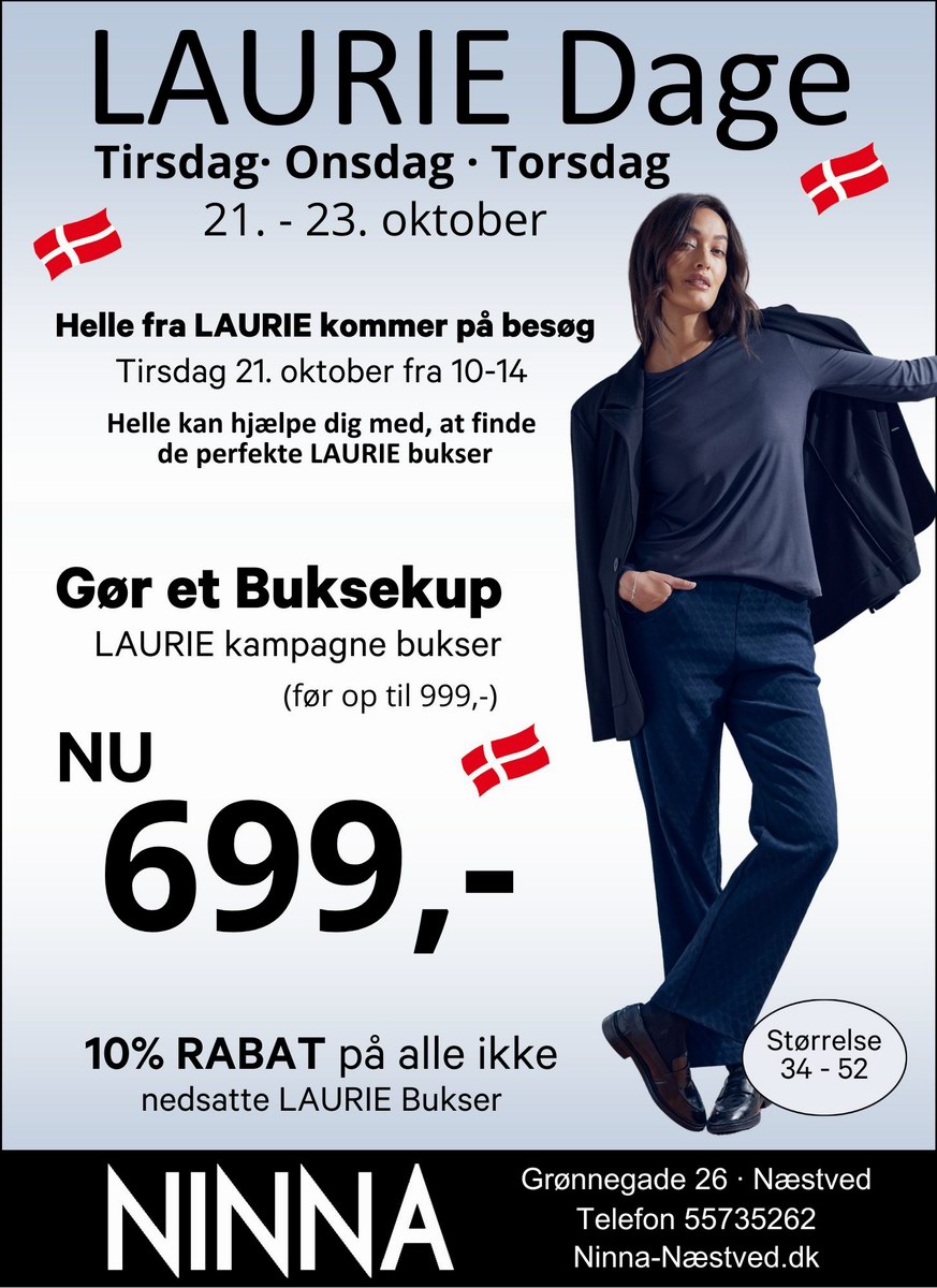 Kom til LaurieDage hos NINNA i Næstved.  Vi har et stort udvalg i LAURIE Bukser  str. 36 til 54